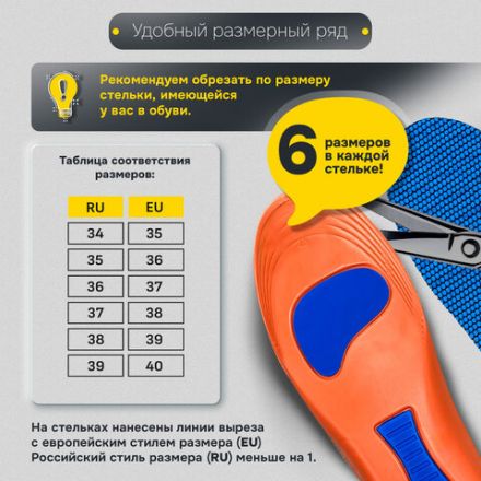 Стельки для обуви с супинатором АНАТОМИЧЕСКИЕ, материал EVA PRO, размер RU 34-39 / EU 35-40, с линиями выреза, SHEGRA (ШЕГРА), 700772 Стельки для обуви с супинатором АНАТОМИЧЕСКИЕ, материал EVA PRO, размер RU 34-39 / EU 35-40, с линиями выреза, SHEGRA (ШЕГРА), 700772