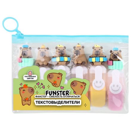 Набор текстовыделителей с топперами 6 ЦВЕТОВ ПАСТЕЛЬ, "КАПИБАРЫ", линия 1-4 мм, FUNSTER (ФАНСТЕР), 152651