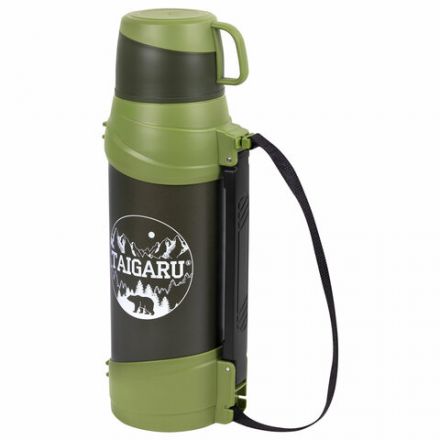 Термос классический, нержавеющая сталь, 2 л, черно-оливковый, 2 кружки, ручка + ремешок, TAIGARU (ТАЙГАРУ), 608816