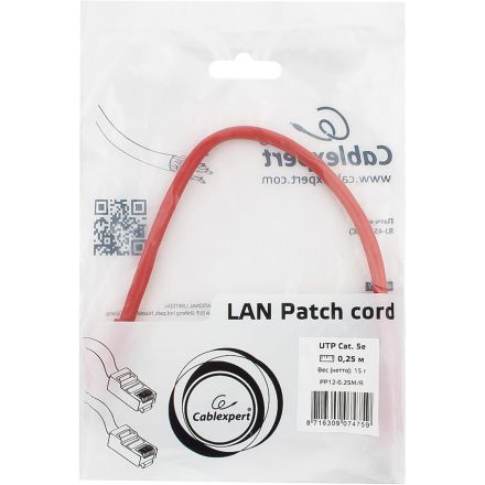 Патч-корд UTP Cablexpert PP12-0.25M/R кат.5e, 0.25м, красный