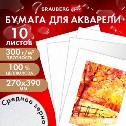 Бумага для акварели 300 г, 270x390 мм, среднее зерно, 10 листов, BRAUBERG ART PREMIERE, 115335 Бумага для акварели 300 г, 270x390 мм, среднее зерно, 10 листов, BRAUBERG ART PREMIERE, 115335