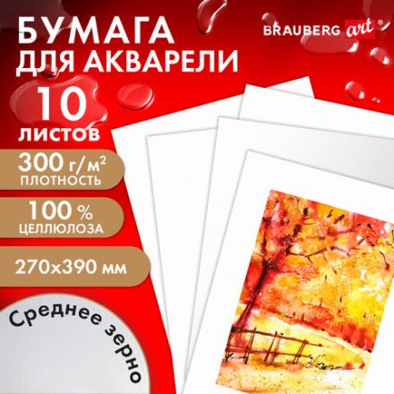 Бумага для акварели 300 г, 270x390 мм, среднее зерно, 10 листов, BRAUBERG ART PREMIERE, 115335 Бумага для акварели 300 г, 270x390 мм, среднее зерно, 10 листов, BRAUBERG ART PREMIERE, 115335