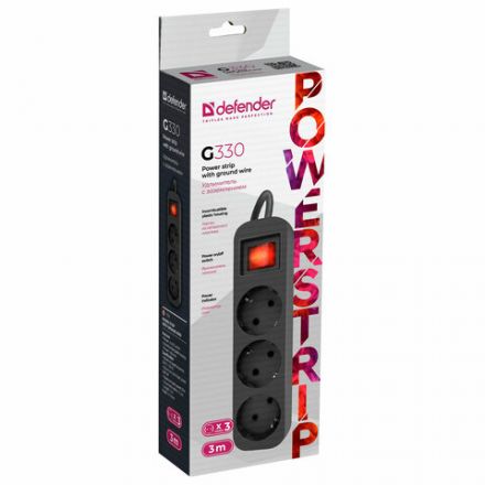 Удлинитель сетевой DEFENDER G330, 3 розетки, c заземлением, выключатель, 10А, длина 3 м, черный, 99334