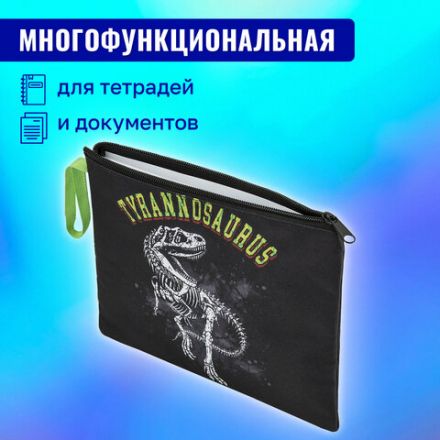 Папка для тетрадей BRAUBERG А5, 1 отделение, полиэстер, на молнии, с ручкой, "Tyrannosaur", 272203