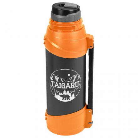 Термос классический, нержавеющая сталь, 2 л, оранжево-серый, 2 кружки, ручка + ремешок, TAIGARU (ТАЙГАРУ), 608817