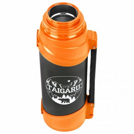 Термос классический, нержавеющая сталь, 2 л, оранжево-серый, 2 кружки, ручка + ремешок, TAIGARU (ТАЙГАРУ), 608817