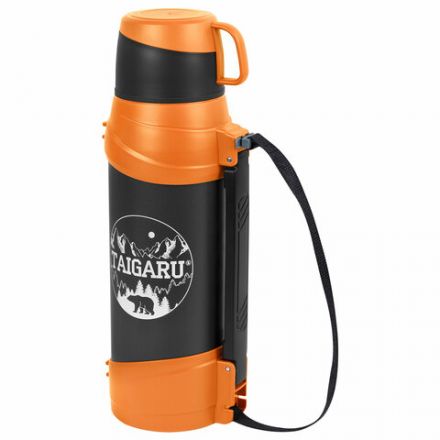 Термос классический, нержавеющая сталь, 2 л, оранжево-серый, 2 кружки, ручка + ремешок, TAIGARU (ТАЙГАРУ), 608817