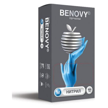 Перчатки нитриловые смотровые 100 пар (200 штук), размер 7-8, M (средний), голубые, BENOVY Nitrile Chlorinated, К