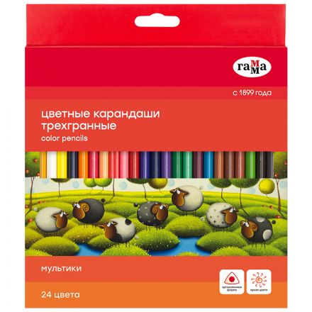 Карандаши цветные Гамма "Мультики", 24цв., трехгранные, заточен., картон. упак., европодвес Карандаши цветные Гамма "Мультики", 24цв., трехгранные, заточен., картон. упак., европодвес