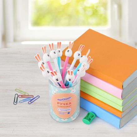 Ручка с топпером шариковая ЮНЛАНДИЯ "Ушастый зайка", корпус ассорти, СИНЯЯ, пишущий узел 0,7 мм, 143782 Ручка с топпером шариковая ЮНЛАНДИЯ "Ушастый зайка", корпус ассорти, СИНЯЯ, пишущий узел 0,7 мм, 143782