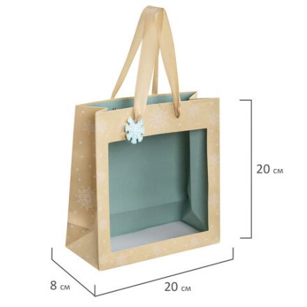 Пакет подарочный (1 шт.) новогодний, 20х8х20 см, "Snowflakes", прозрачное окно, крафт, ЗОЛОТАЯ СКАЗКА, 592444