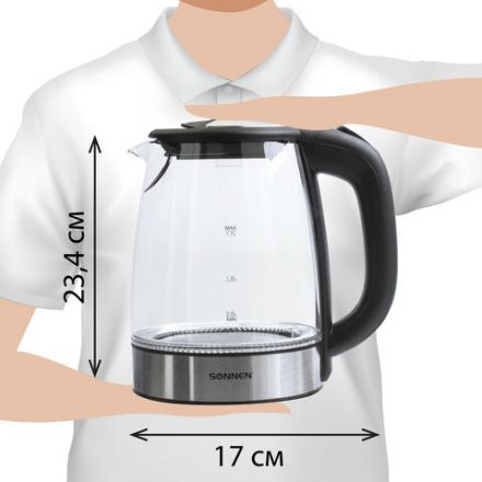 Чайник SONNEN KT-1788, 1,7 л, 2200 Вт, закрытый нагревательный элемент, стекло, черный, подсветка, 454349