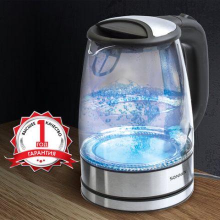 Чайник SONNEN KT-1788, 1,7 л, 2200 Вт, закрытый нагревательный элемент, стекло, черный, подсветка, 454349