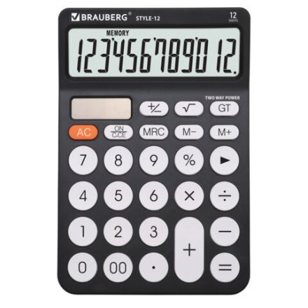 Калькулятор настольный BRAUBERG STYLE-12-BK (157х106 мм), 12 разрядов, двойное питание, ЧЕРНЫЙ, 272965