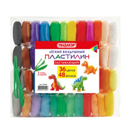 Пластилин лёгкий воздушный застывающий 48 штук (36 цветов + 12 базовых), 410 г, 3 стека, ПИФАГОР, 107043