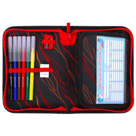 Пенал BRAUBERG с наполнением, 1 отделение, 1 откидная планка, 24 предмета, 21х14 см, "Fire dino", 273535