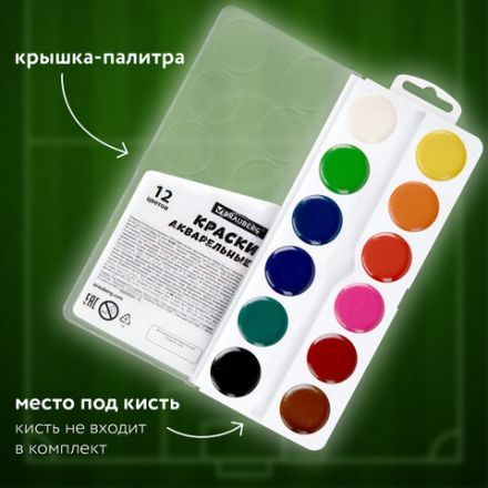 Краски акварельные BRAUBERG 12 цветов "Футбол", медовые, круглые кюветы, 192565