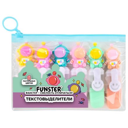 Набор текстовыделителей с топперами 6 ЦВЕТОВ ПАСТЕЛЬ, "КОСМО", линия 1-4 мм, FUNSTER (ФАНСТЕР), 152654