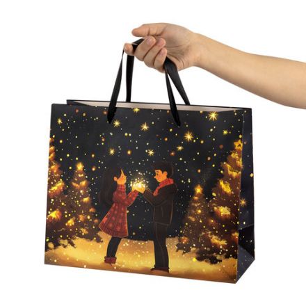 Пакет подарочный (1 шт.) новогодний, 26х13х32 см, "Love story", фольга, ассорти, ЗОЛОТАЯ СКАЗКА, 592445