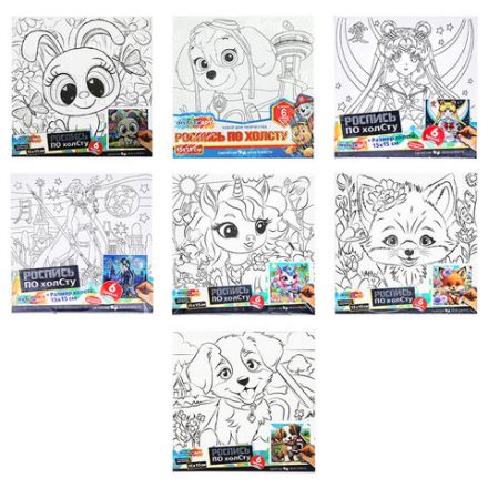 Картина детская по контуру, АССОРТИ 7 видов, 15х15 см, на подрамнике, акрил, кисти, МУЛЬТИ АРТ, 5902