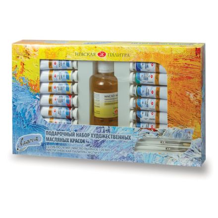Краски масляные художественные "Ладога", 12 цветов по 18 мл + масло льняное 120 мл + 2 кисти, Невская Палитра, 1241967