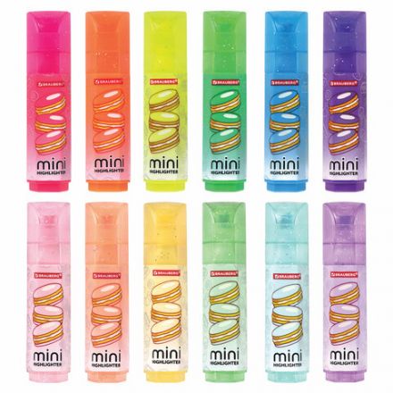 Набор текстовыделителей мини с принтами, 12 ЦВЕТОВ, BRAUBERG, 6 неоновых цветов + 6 пастельных цветов, линия 1-5 мм, 152537