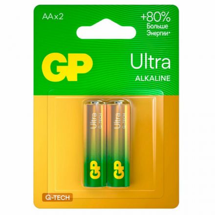 Батарейки КОМПЛЕКТ 2 шт., GP Ultra G-Tech, AA (LR6,15А), алкалиновые, пальчиковые, 15AUA21-2CRSBC2