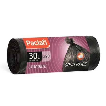 Мешки для мусора 30 л, черные, в рулоне 20 шт., ПНД, 7,3 мкм, 50х60 см, PACLAN "Standart"