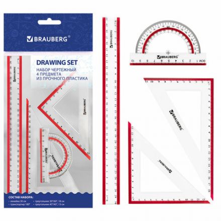 Набор чертежный большой BRAUBERG "Crystal" (линейка 30 см, 2 угольника, транспортир), выделенная шкала, 210297