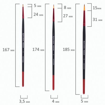 Кисти BRAUBERG PREMIUM, набор 5 шт. (синтетика, круглая № 1, 2, 3, 4, 5), блистер, 201025