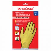 Перчатки МНОГОРАЗОВЫЕ латексные LAIMA "ПРЕМИУМ", хлопчатобумажное напыление, СВЕРХПЛОТНЫЕ, размер 8-9, L (большой), желтые, вес 65 г, 600272