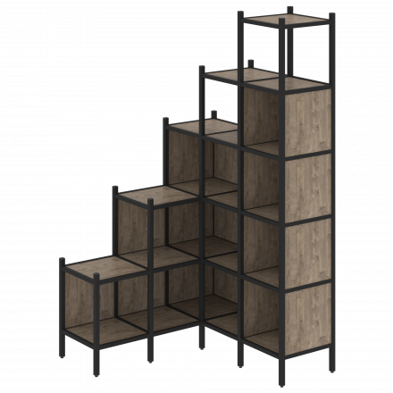 Loft Угловой внутренний стеллаж наборный VR.L-49 Тиквуд тёмный/Чёрный металл 1278*1278*2280