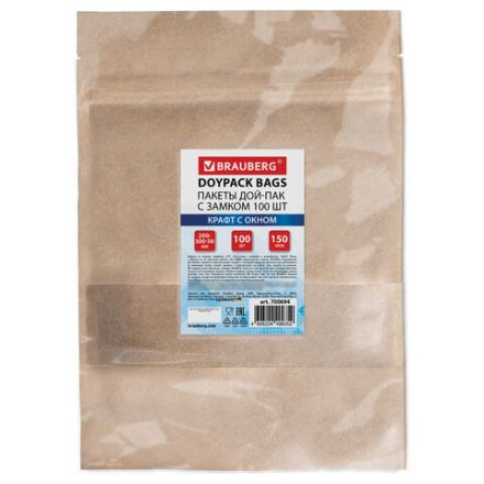 Пакеты дой-пак с замком ZIP LOCK, крафт с окном 60 мм, 200х300 + 50 мм, КОМПЛЕКТ 100 штук, 150 мкм, BRAUBERG, 700694