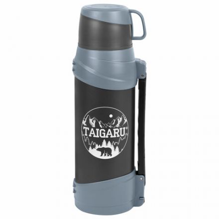 Термос классический, нержавеющая сталь 2 л, черно-серый, 2 кружки, ручка + ремешок, TAIGARU (ТАЙГАРУ), 608818