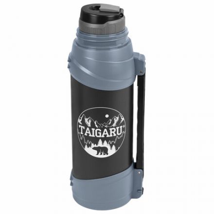 Термос классический, нержавеющая сталь 2 л, черно-серый, 2 кружки, ручка + ремешок, TAIGARU (ТАЙГАРУ), 608818