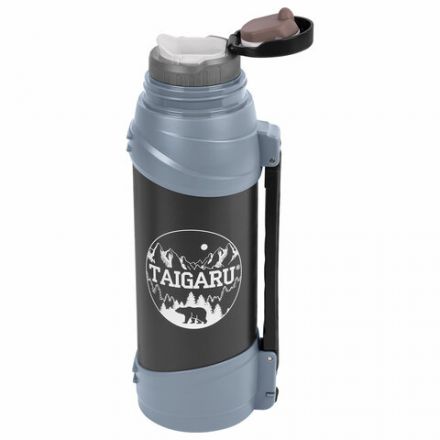 Термос классический, нержавеющая сталь 2 л, черно-серый, 2 кружки, ручка + ремешок, TAIGARU (ТАЙГАРУ), 608818
