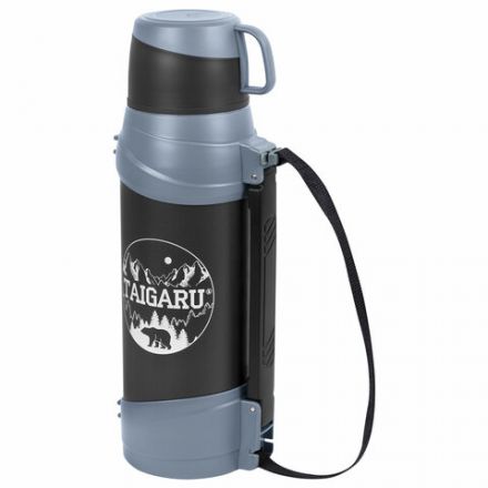 Термос классический, нержавеющая сталь 2 л, черно-серый, 2 кружки, ручка + ремешок, TAIGARU (ТАЙГАРУ), 608818