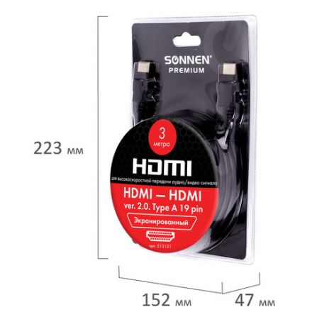 Кабель HDMI AM-AM, 3 м, SONNEN Premium, ver 2.0, FullHD, 4К, UltraHD, для ноутбука, компьютера, монитора, телевизора, проектора, 513131 Кабель HDMI AM-AM, 3 м, SONNEN Premium, ver 2.0, FullHD, 4К, UltraHD, для ноутбука, компьютера, монитора, телевизора, проектора, 513131