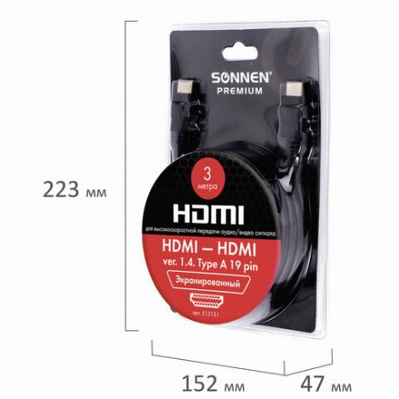 Кабель HDMI AM-AM, 3 м, SONNEN Premium, ver 2.0, FullHD, 4К, UltraHD, для ноутбука, компьютера, монитора, телевизора, проектора, 513131 Кабель HDMI AM-AM, 3 м, SONNEN Premium, ver 2.0, FullHD, 4К, UltraHD, для ноутбука, компьютера, монитора, телевизора, проектора, 513131