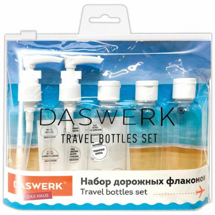 Дорожный набор флаконов в косметичке с наклейками, 5х100 мл, цвет белый, DASWERK (ДАСВЕРК), 609295