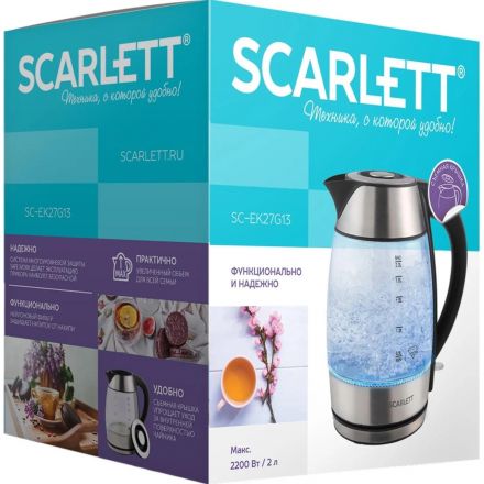 Чайник SCARLETT SC-EK27G13, электрический, 2200Вт, 2л, стекло, сталь/черный Чайник SCARLETT SC-EK27G13, электрический, 2200Вт, 2л, стекло, сталь/черный