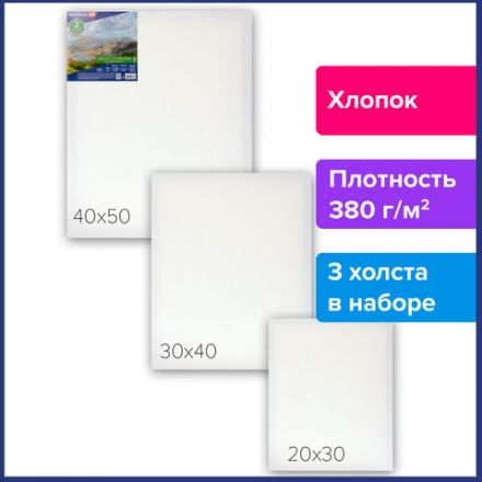 Холсты на подрамнике BRAUBERG ART CLASSIC, НАБОР 3 шт., 380 г/м2, 100% хлопок, среднее зерно, 191655