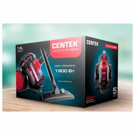Пылесос CENTEK CT-2531 с контейнером "циклон", 1800 Вт, мощность всасывания 350 Вт, черный/красный