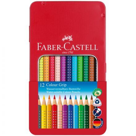 Карандаши цветные Faber-Castell "Grip", 12цв., трехгран., заточен., метал. кор. Карандаши цветные Faber-Castell "Grip", 12цв., трехгран., заточен., метал. кор.