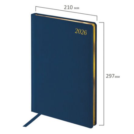 Еженедельник датированный 2026, БОЛЬШОЙ ФОРМАТ 210х297 мм, А4, BRAUBERG "Iguana", под кожу, синий, 117155