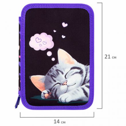 Пенал BRAUBERG, 3 отделения, полиэстер, 21х14 см, "Sleeping kitten", 273538
