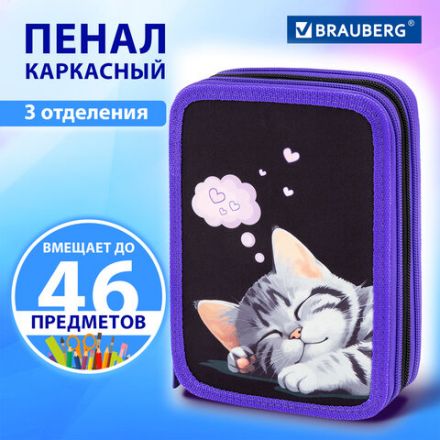 Пенал BRAUBERG, 3 отделения, полиэстер, 21х14 см, "Sleeping kitten", 273538