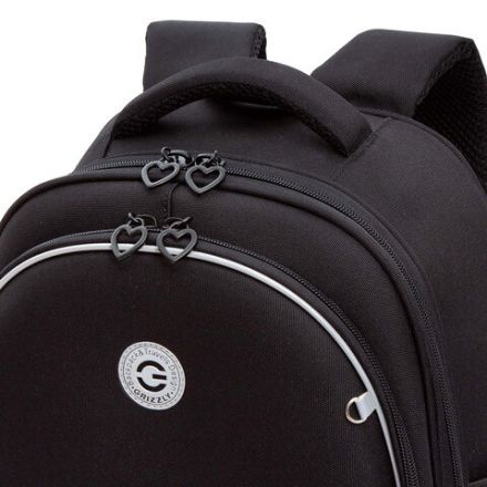 Ранец GRIZZLY анатомическая спинка, c брелоком, для девочек, "HEARTS", чёрный 36х28х20 см, RAz-586-5/1