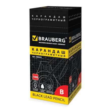 Карандаш чернографитный BRAUBERG, 1 шт., "Touch line", В, корпус черный, заточенный, 180622