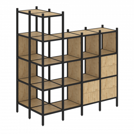 Loft Угловой внешний стеллаж наборный VR.L-57 Тиквуд светлый/Чёрный металл 862*1694*1869